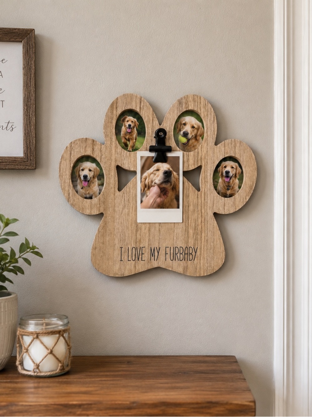 NWT Wooden Paw Print I Love My Furbaby Photo Collage Frame